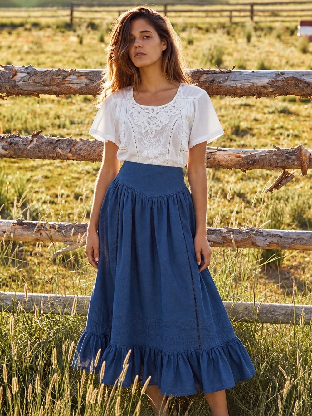 Y2K American Eagle Blue Prairie Maxi Skirt Cottagecore Western XS